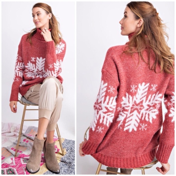 Easel LA Red Turtle Neck Sweater w snowflake - Picture 2 of 3